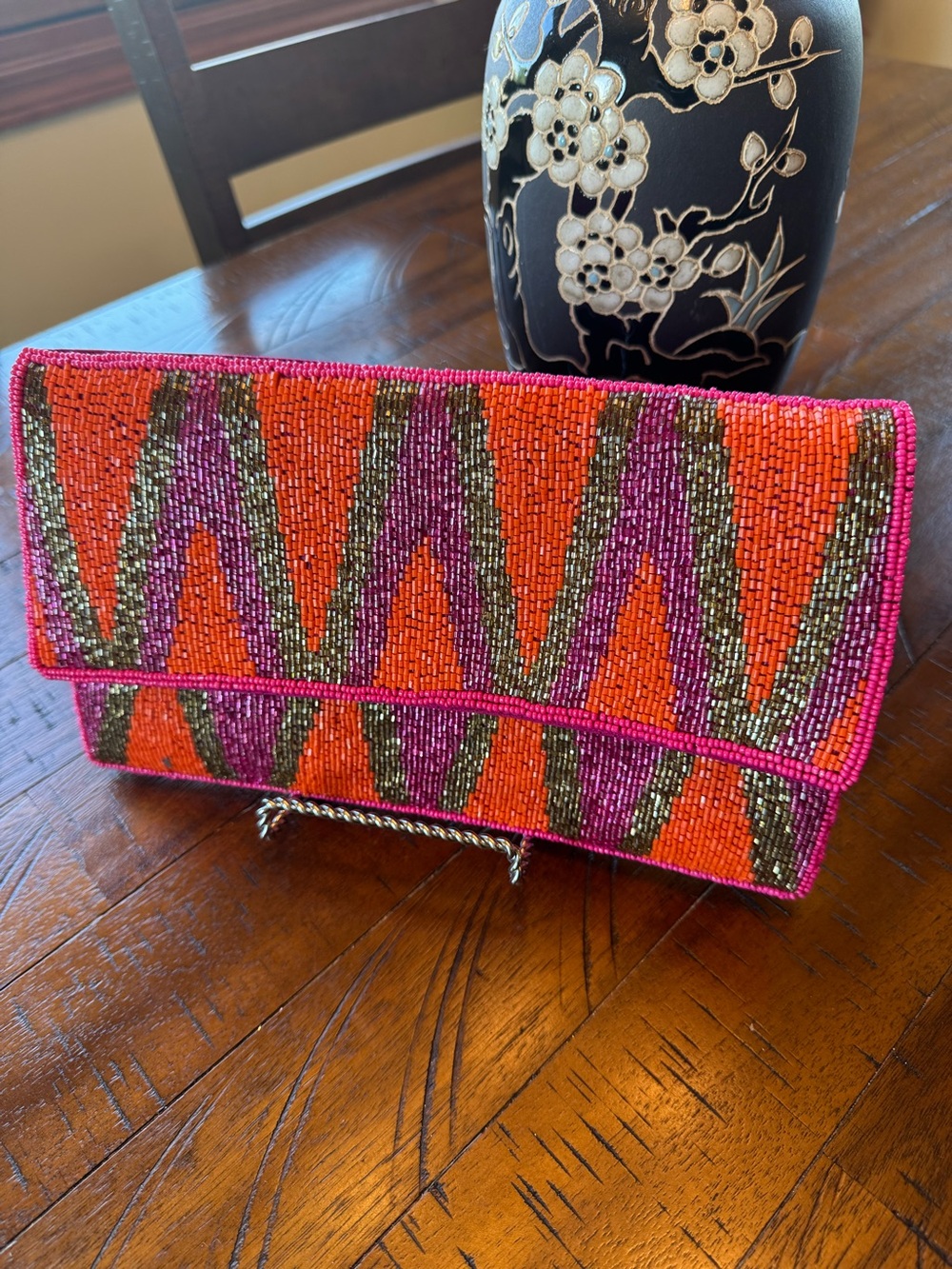 Beaded Pink and Orange Chevron Clutch